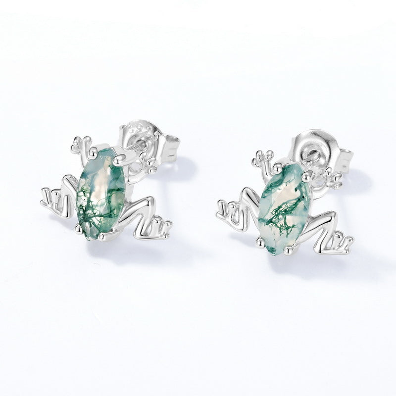 Planderful Jewelry Sterling Silver Frog Stud Earrings With Green Moss Agate Gemstone