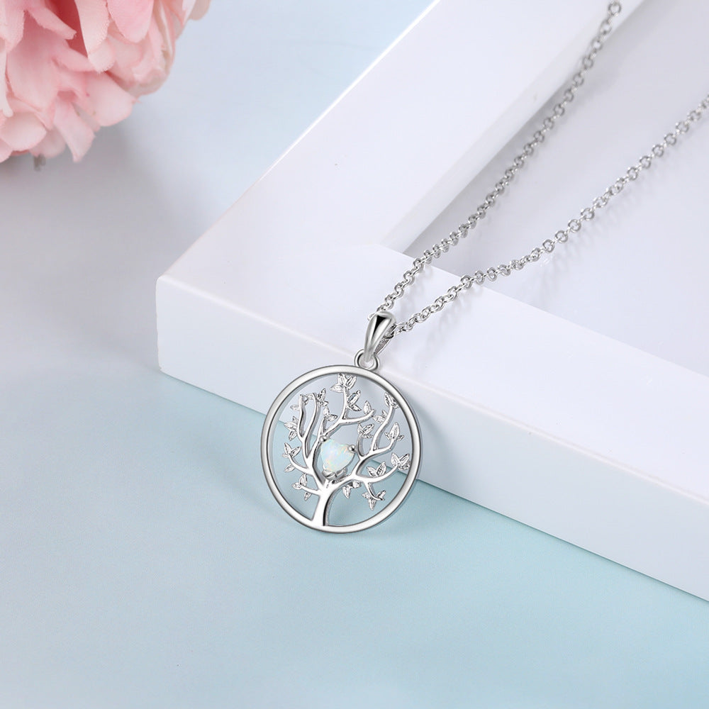 Tree of Life with Heart Shape Opal Circle Sterling Silver Necklace