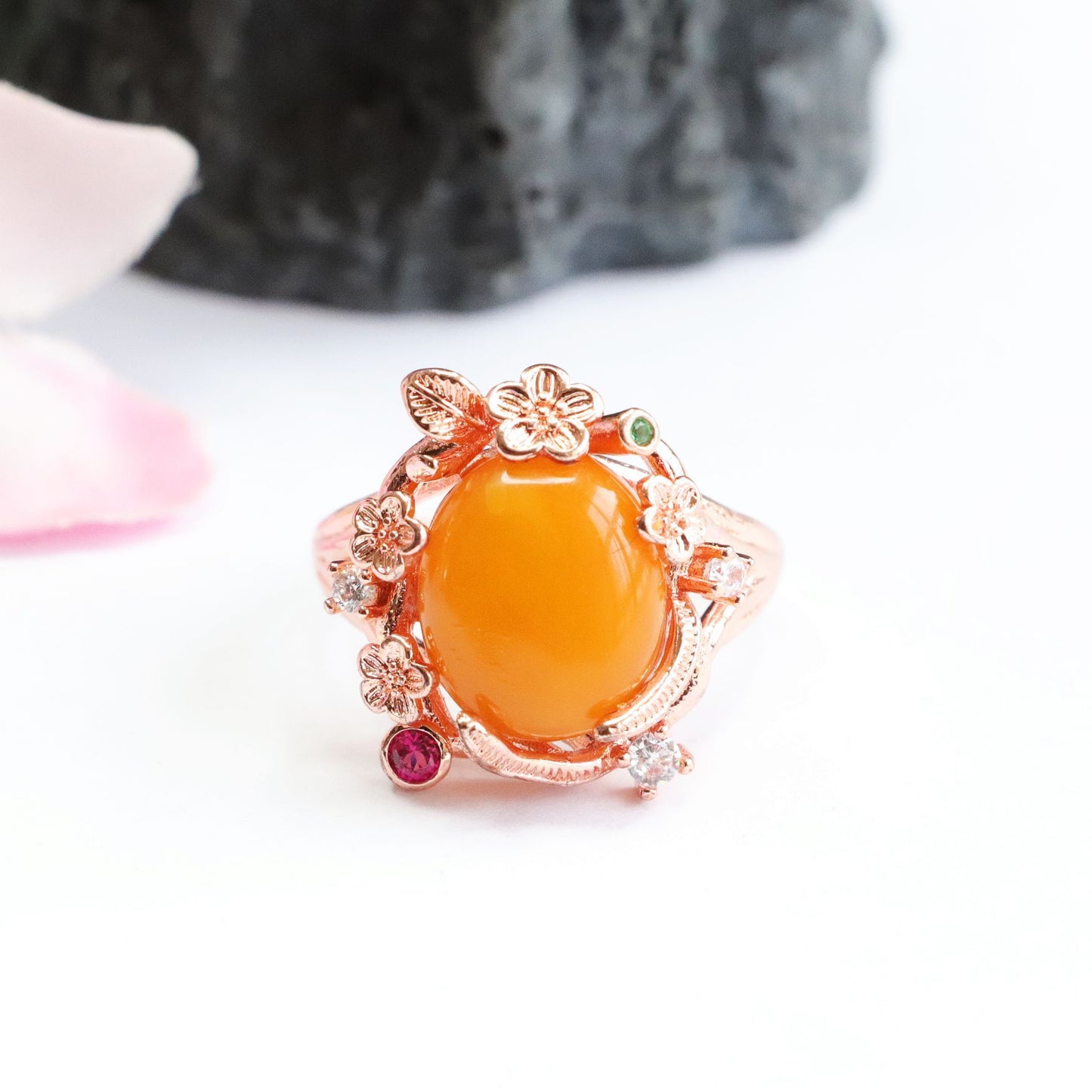 Honey Amber Ring with Zircon Accents
