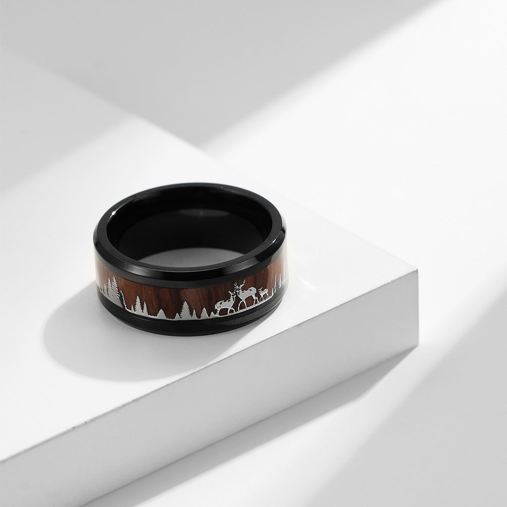 Planderful Everyday Genie Stainless Steel Wood Grain Elk Ring For Men And Women Deer Inlay