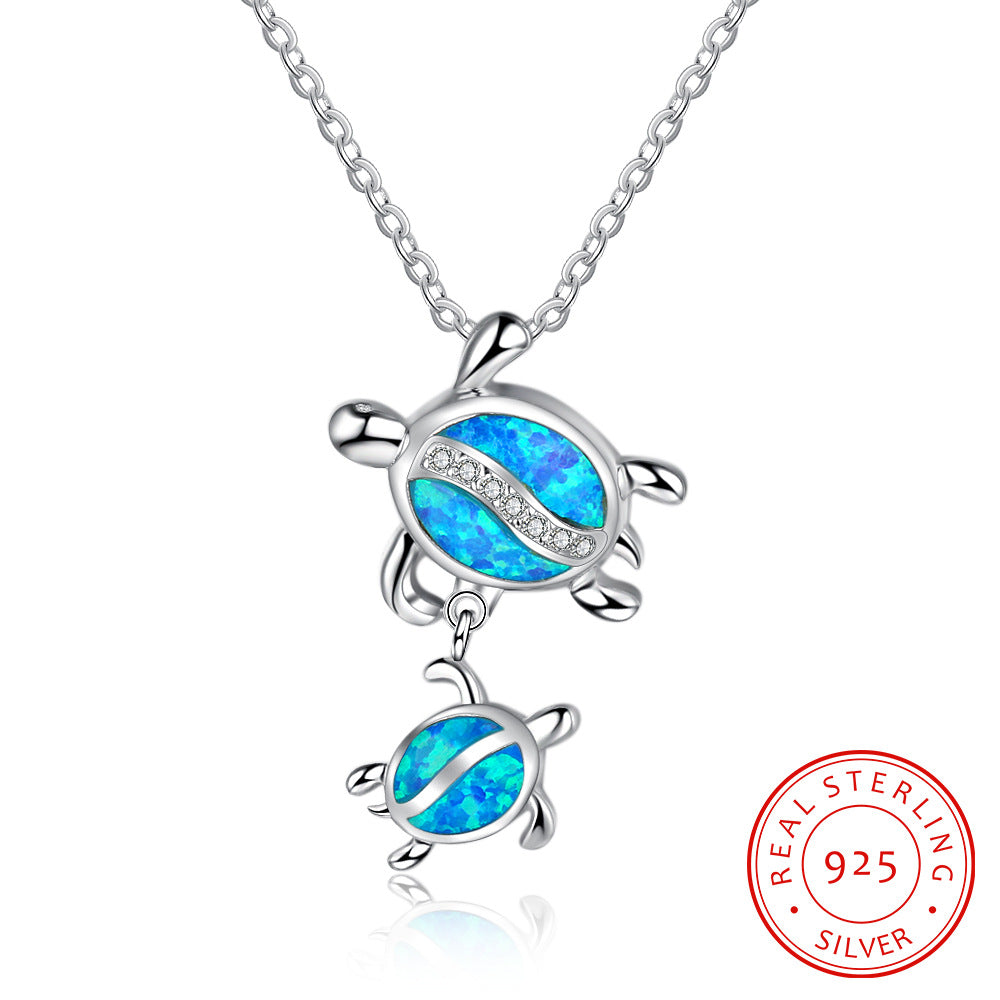 Planderful Jewelry Ocean Series Opal Two Turtle Necklace In Sterling Silver Elegance