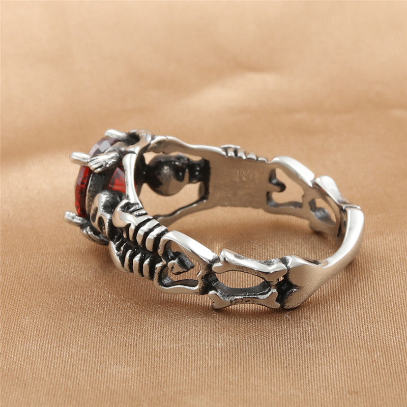 Titanium Steel Skull Ring for Men with Hollow Red Stone - Retro Trendy Accessory