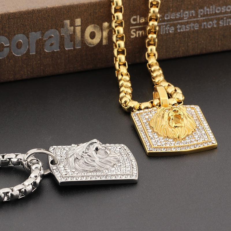 Hip-Hop Style Stainless Steel Lion Head Pendant with Zircon Accents for Men