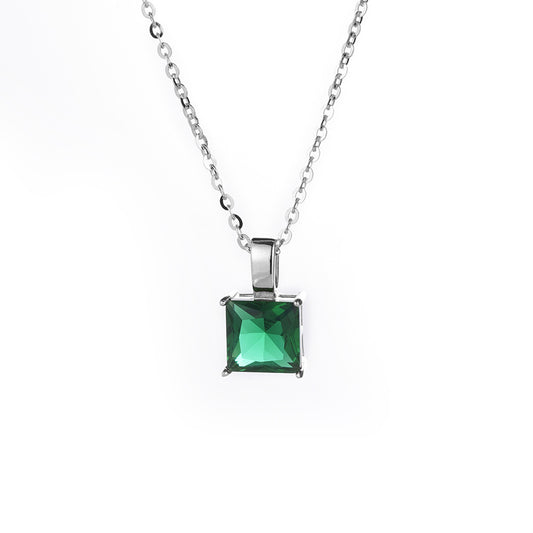 Square Emerald Green Zircon Silver Necklace