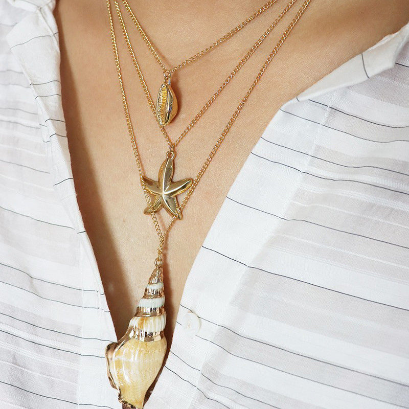 Stylish Triple-layer Seashell Pendant Necklace with Cross-border Appeal