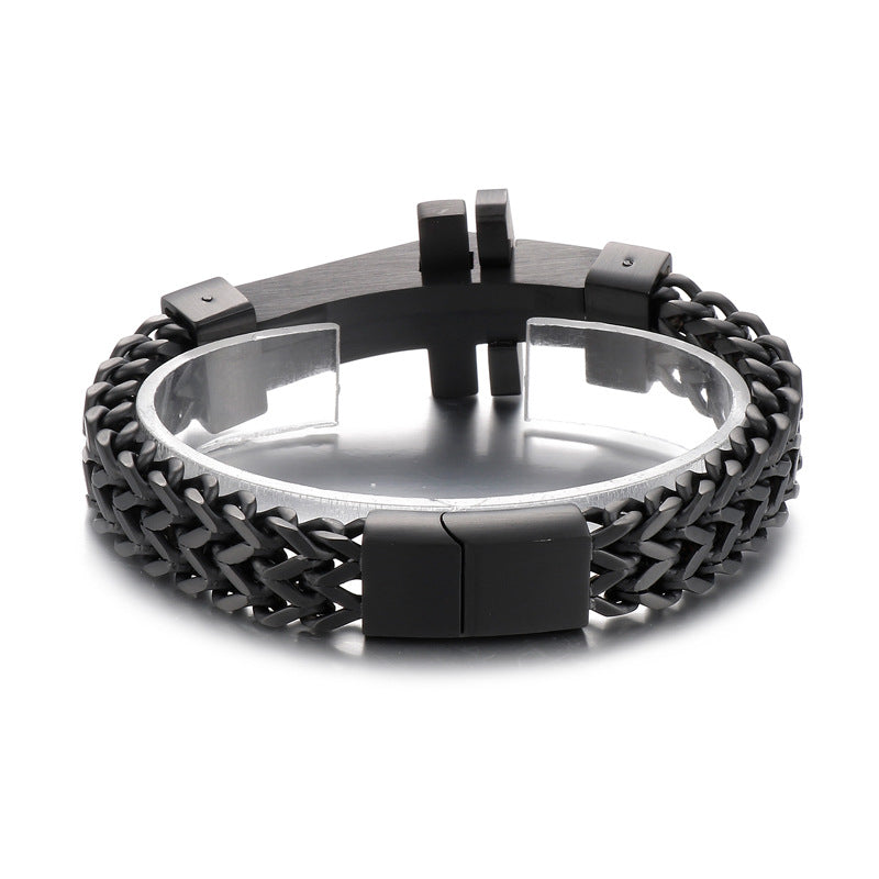 Stylish Men's Titanium Steel Chain Bracelet with Curved Cross Design for Rock Club Fashion