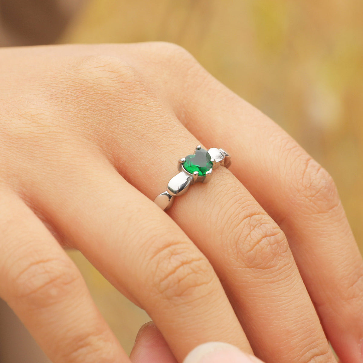Ring Stainless Steel Green Zircon Heart Ladies