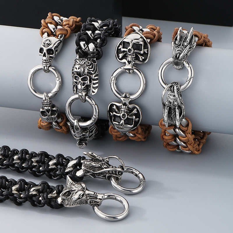 Planderful Mens Woven Leather Skull Bracelet Dragon Head