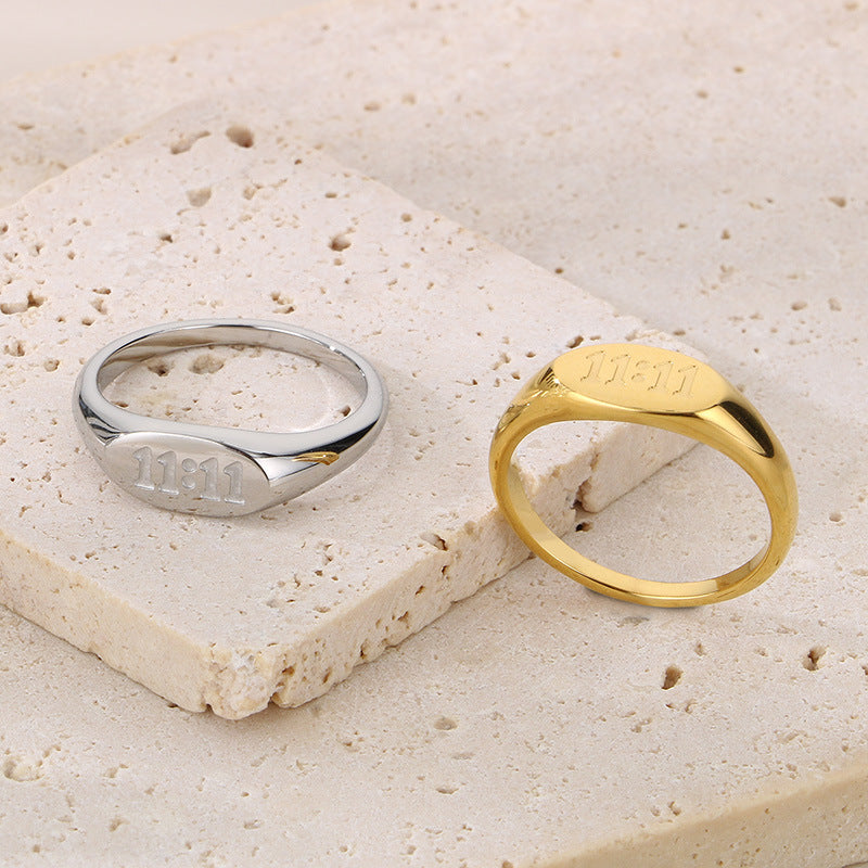 Minimalist Oval 11:11 Titanium Steel Seal Ring, Lucky Number Stainless