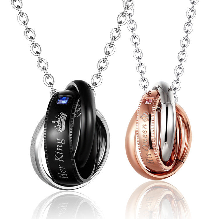 1. Planderful Three Rings Pendant Necklace for Couples in Stainless Steel with Zircon Crown Motif
