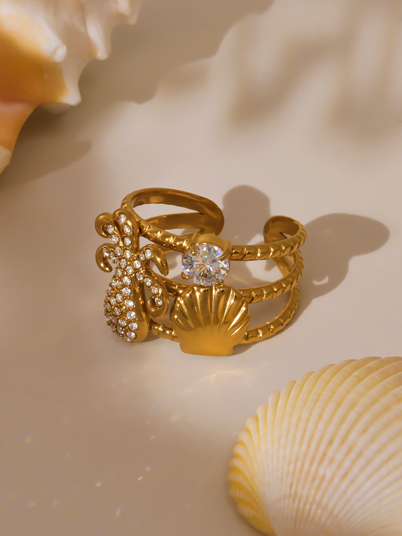 Planderful Ocean Zircon Shell Ring 18K Gold Plated Lovers