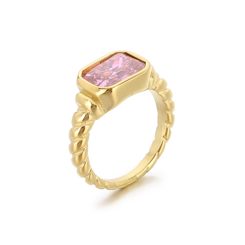 Twist Edge Square Inlaid Glass Ring Female, Design Sense Sugar