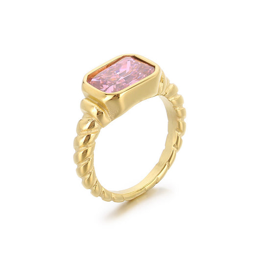 Twist Edge Square Inlaid Glass Ring Female, Design Sense Sugar