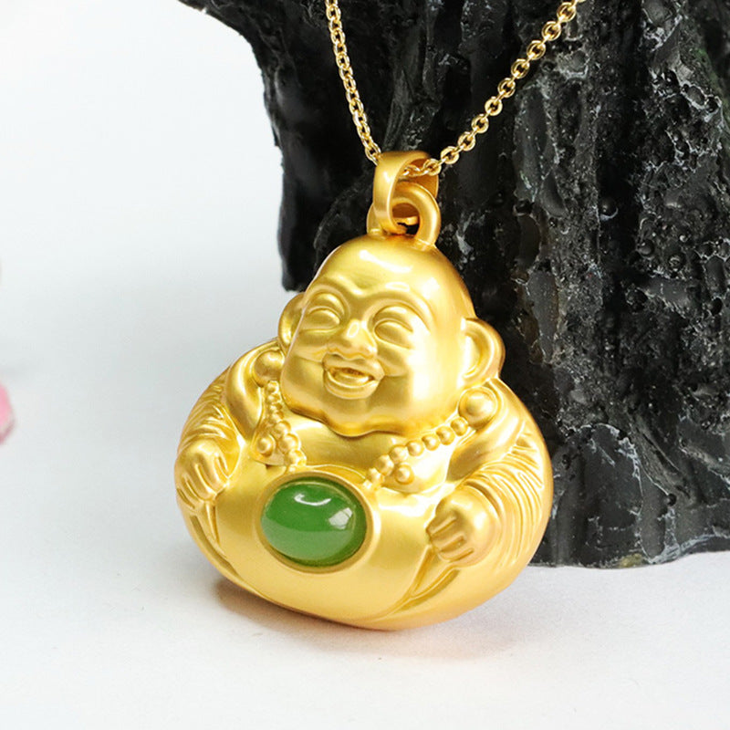 Calming Energy Maitreya Buddha Oval Pendant with Hotan Jade