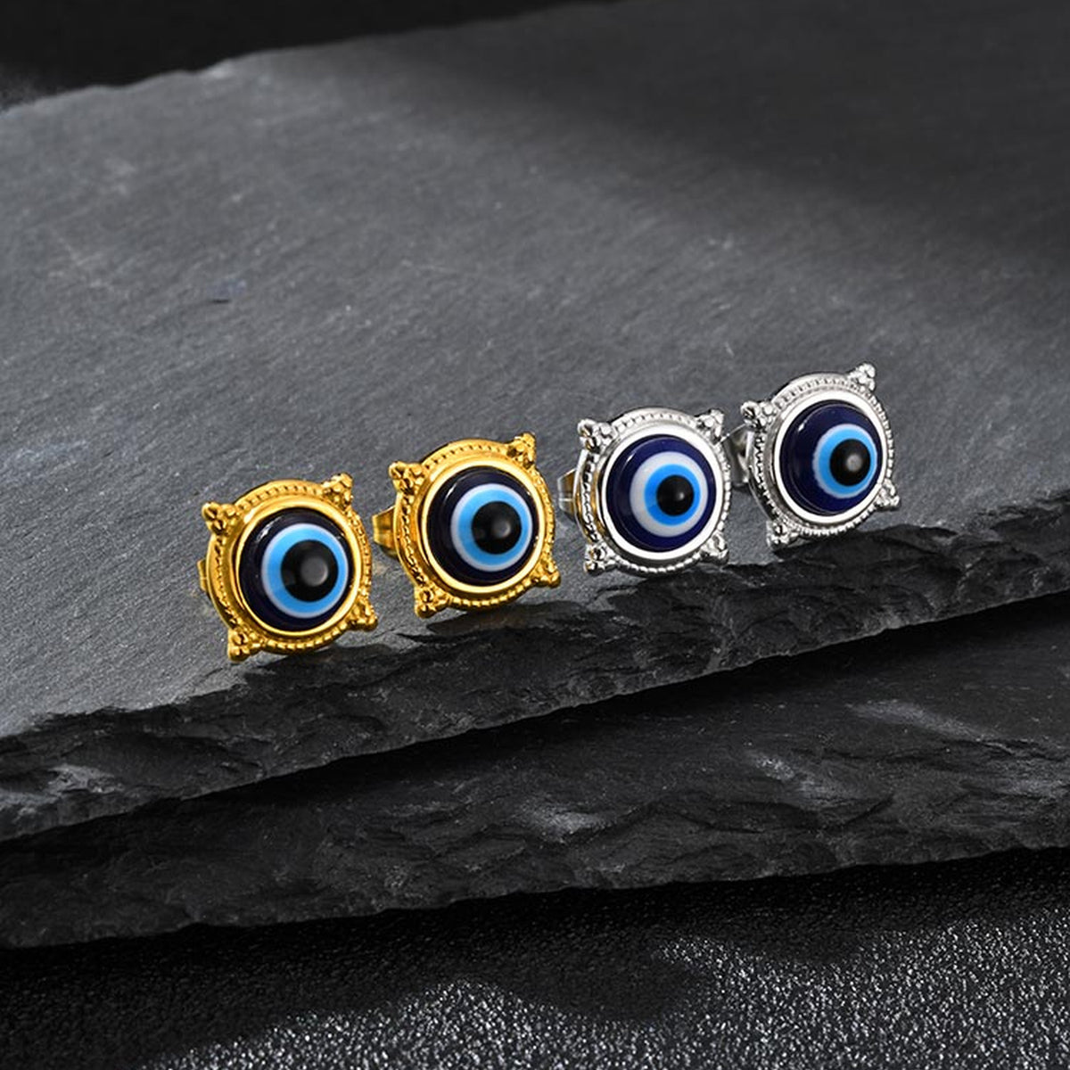 Ornate Blue Evil Eye Stud Earring — Single