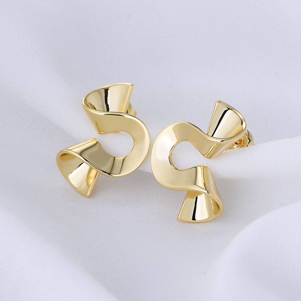 Copper Gold-Plated Accessories Spiral Irregular Stud Earrings Personalized Retro Geometric Twisted Glossy Earrings