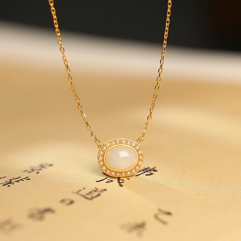 Luxurious White Jade and Pearl Necklace with S925 Silver Pendant