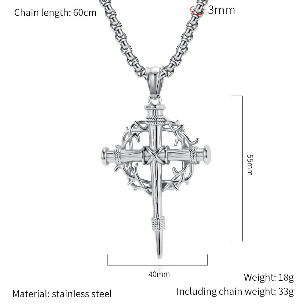 Steel Necklace – Statement Cross Pendant With Thorn Wreath Design For Hipster Street Style