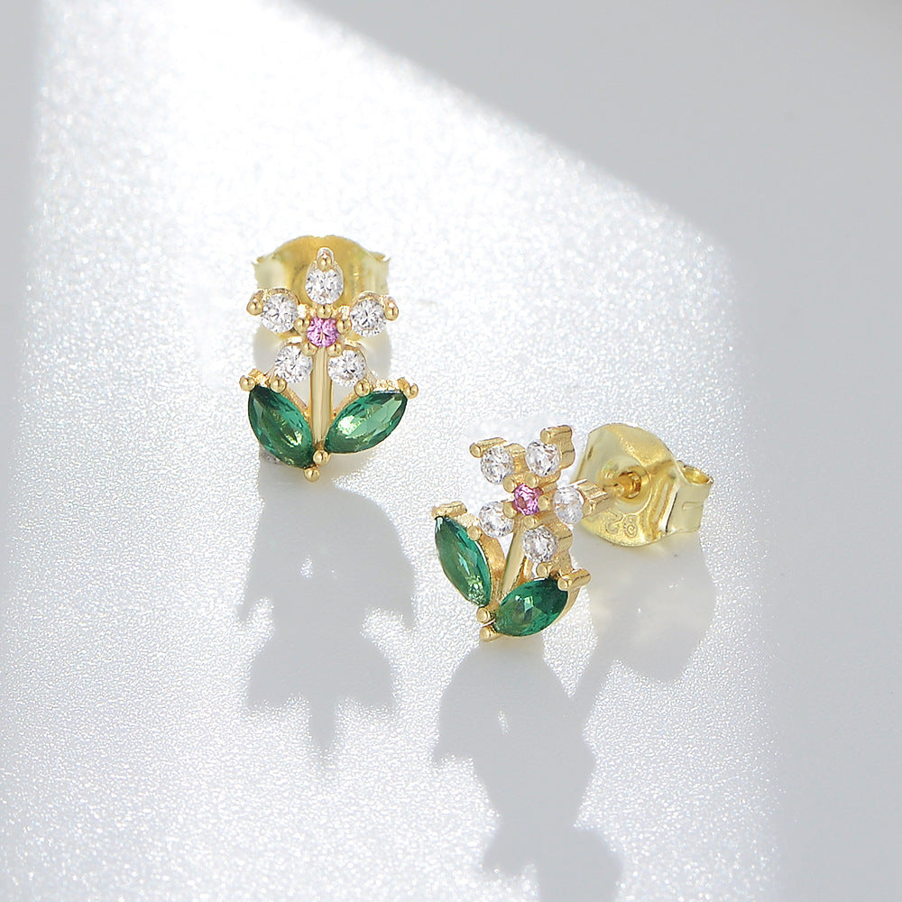 S925 Sterling Silver Zircon Flower Stud Earrings Sweet Mori Earrings