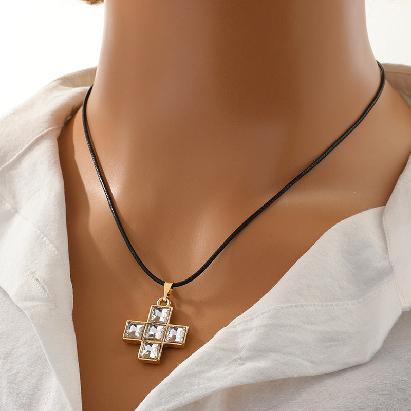 Retro Black Leather Rope Glass Cross Necklace for Women
