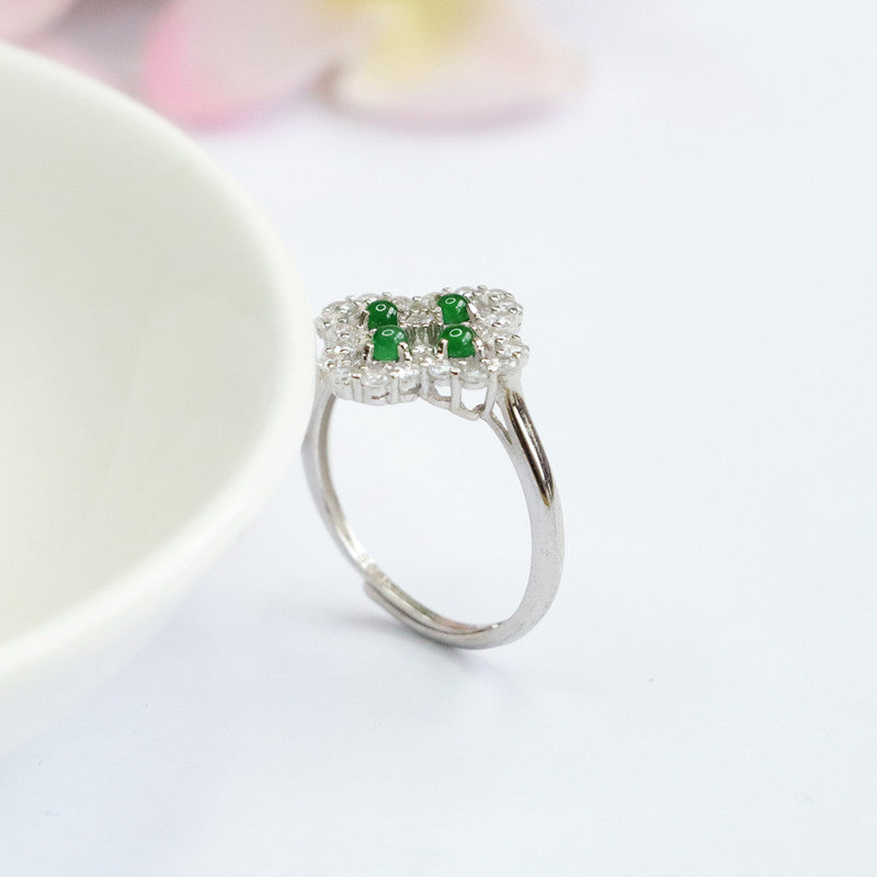 Icy Green Jadeite Cabochon Clover Ring