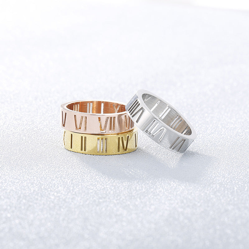 Stall Night Market Hot-Selling Supply, Hollow Roman Numerals Women's Stainless Steel Ring Commuter
