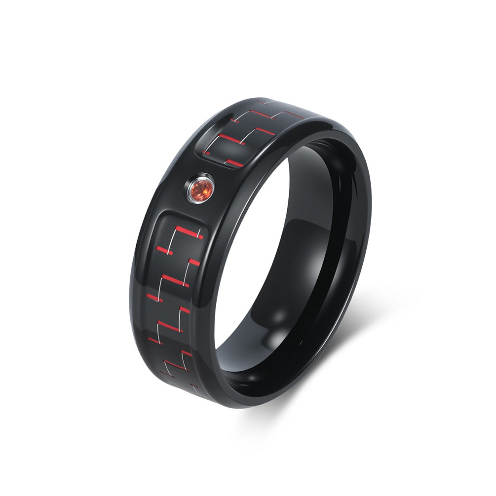 Stainless Steel Zircon Carbon Fiber Ring Men's