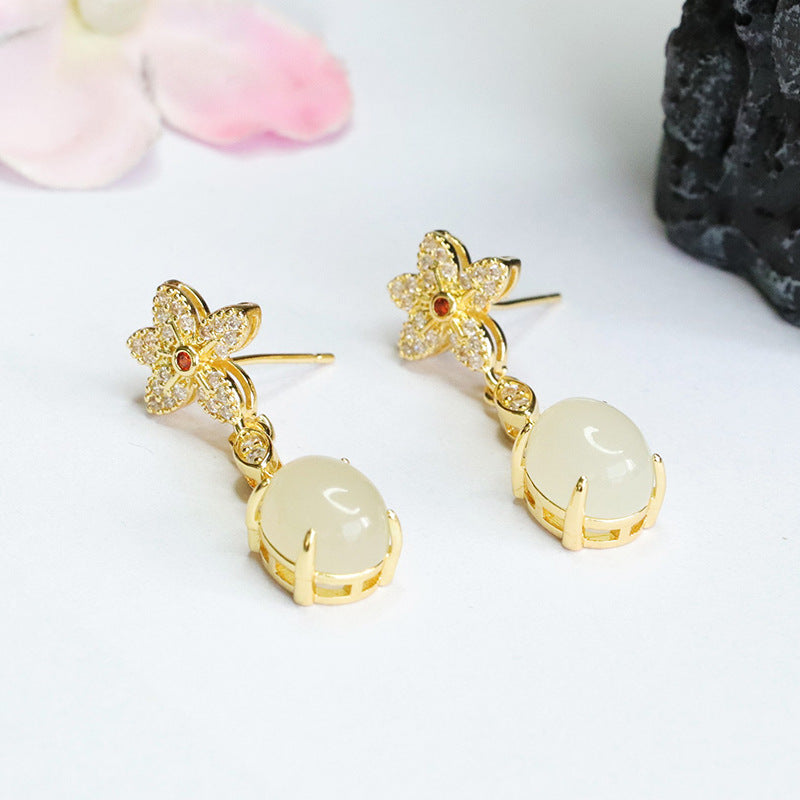 Floral Drop Earrings crafted with Natural Hotan White Jade