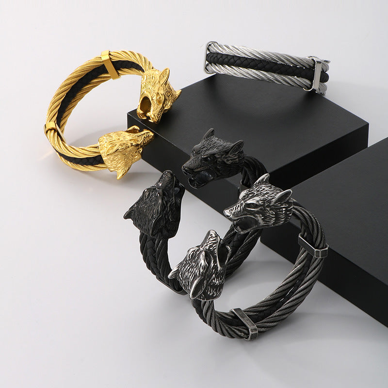 Planderful Mens Open Leather Bracelet With Double Wolf Head