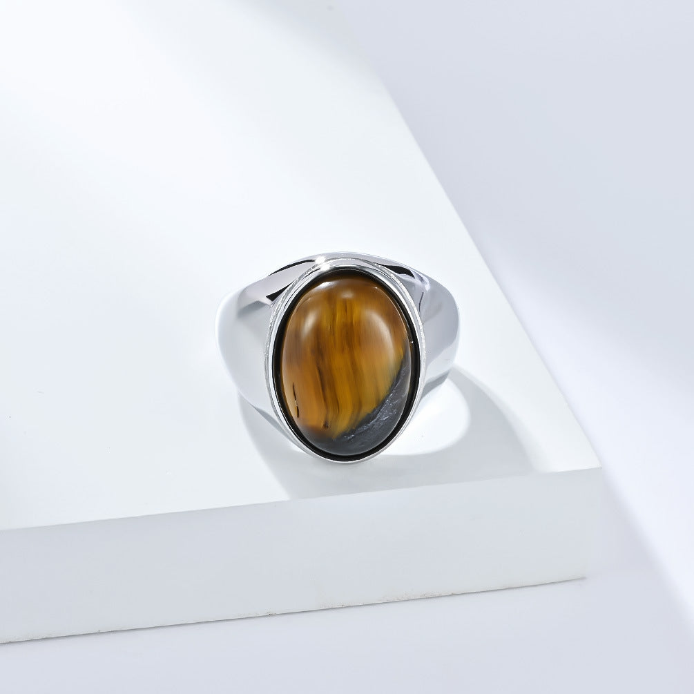Planderful Men's Tiger's Eye Ring With Smooth Egg Shaped Stone Titanium Steel Jewelry For Everyday Style