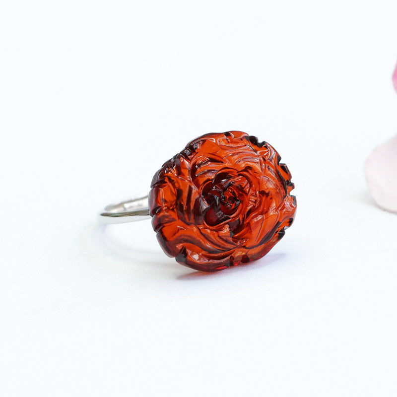 Blood Amber Peony Flower Sterling Silver Ring