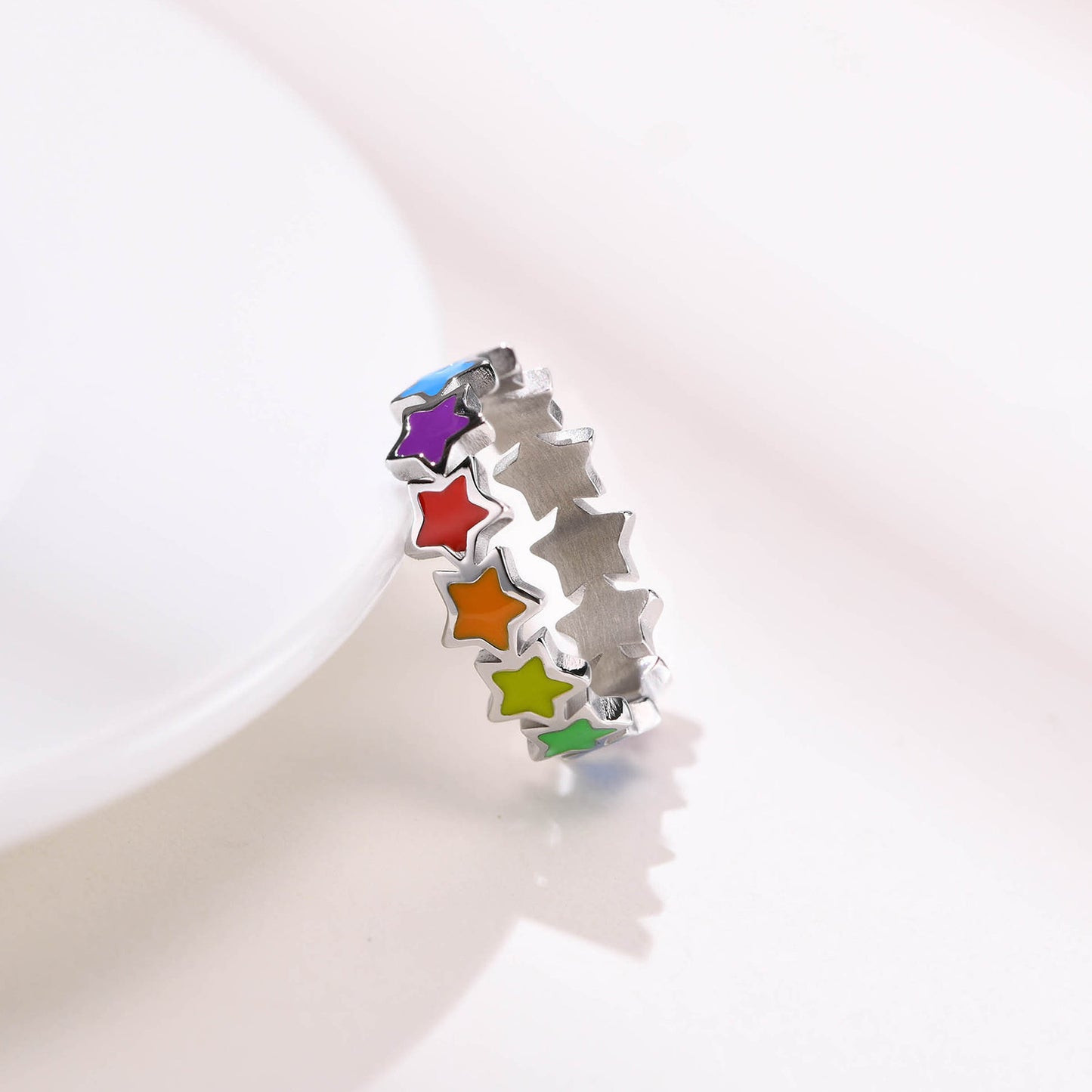 European And American New Color Ring Personalized Fashion Stainless Steel Five-Pointed Star Rainbow Ring