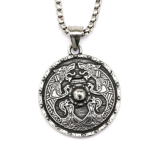 Planderful Retro Viking Shield Pendant Necklace Stainless Steel Unisex Double Sided Norse Legacy