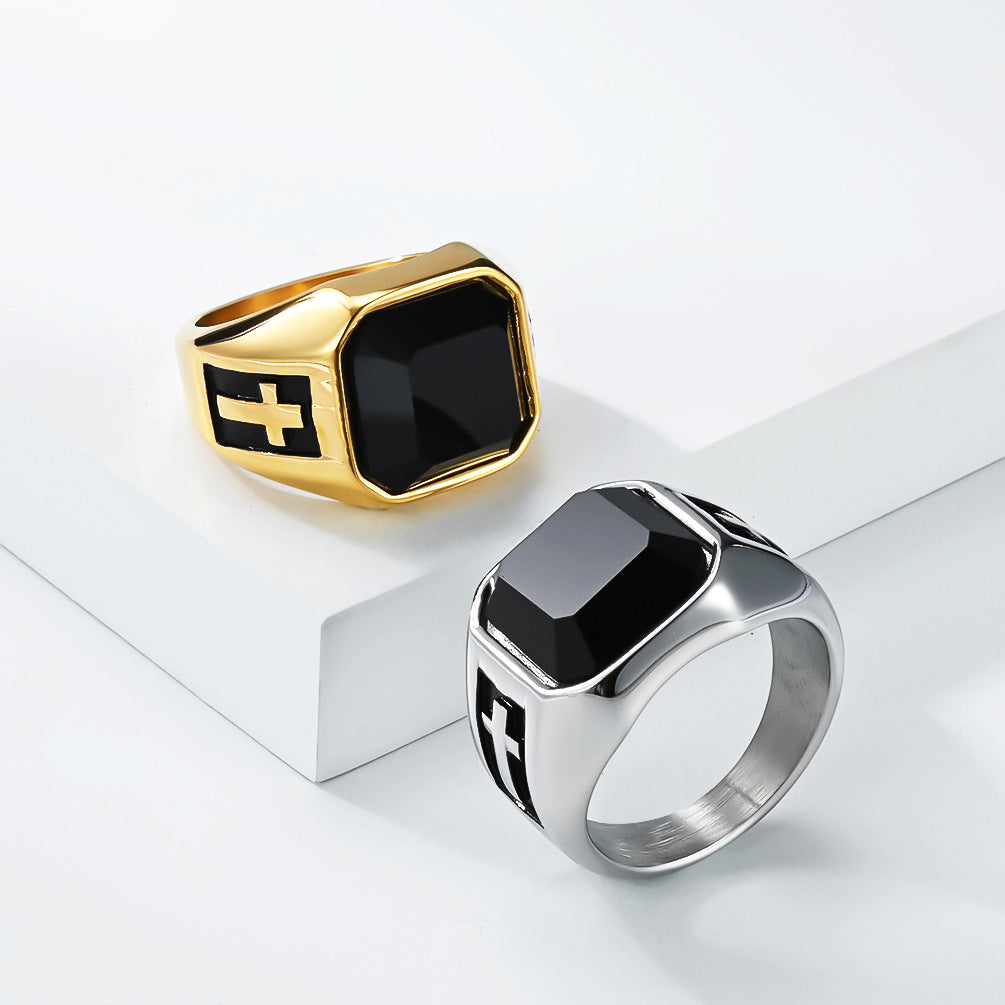 Cross Black Gemstone Vintage Stainless Steel Ring for Men