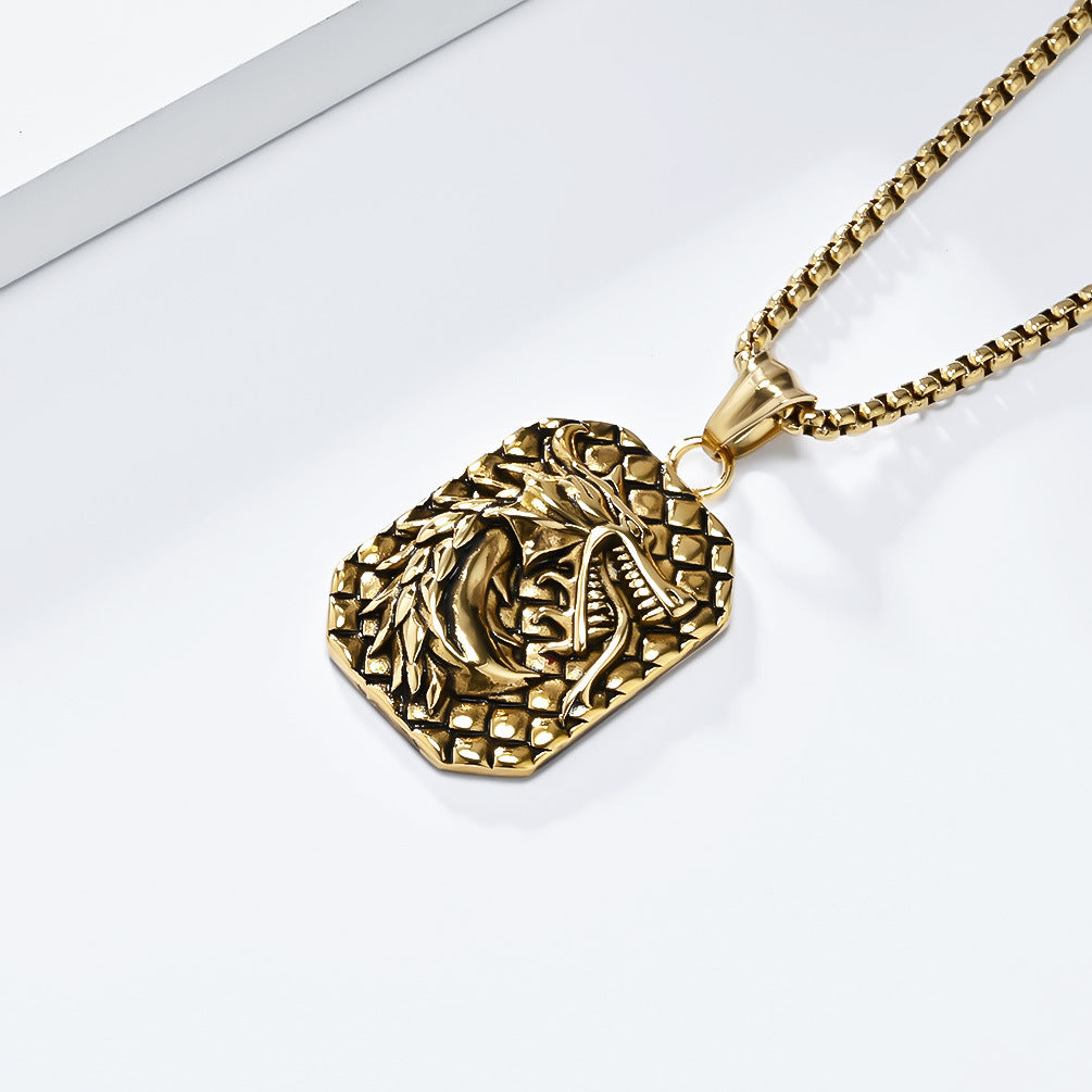 Planderful Stainless Steel Mens Necklace Bold Retro Square Pendant Durable Gift For Him