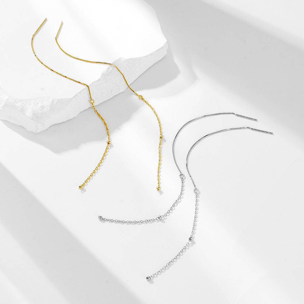 Planderful Sterling Silver Earrings S925 Long Fringed Ear Chain With Round Bead For Fashionable Women