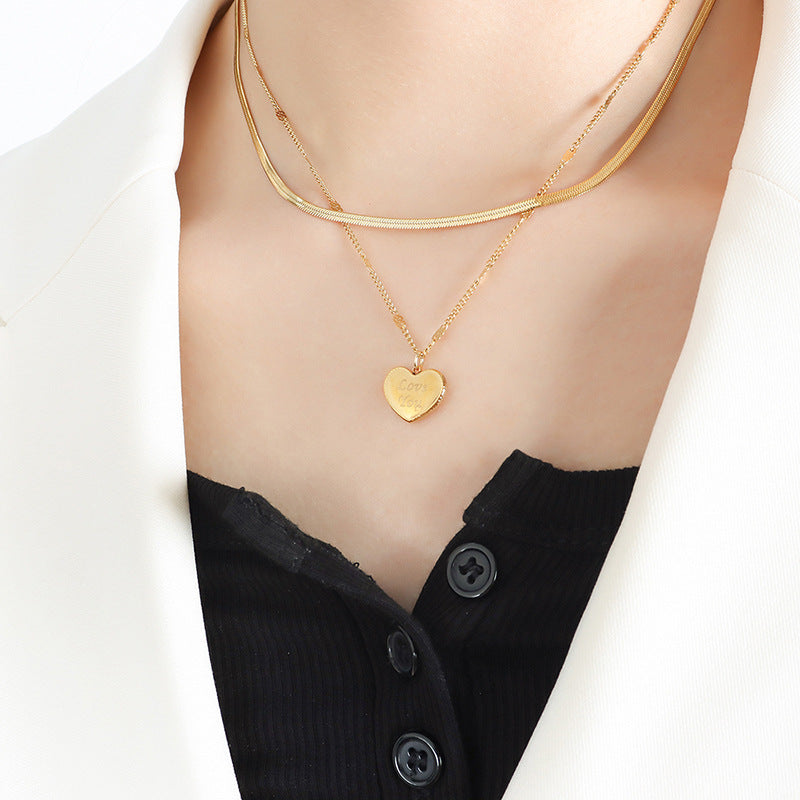 Korean Style Clavicle Chain Necklace with Love Pendant - Titanium Steel Gold-Plated Jewelry