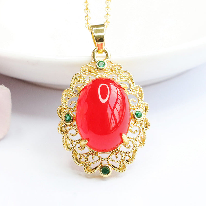 Oval Natural Red Agate Pendant, Yellow Green Chalcedony Golden Pendant Ethnic Style