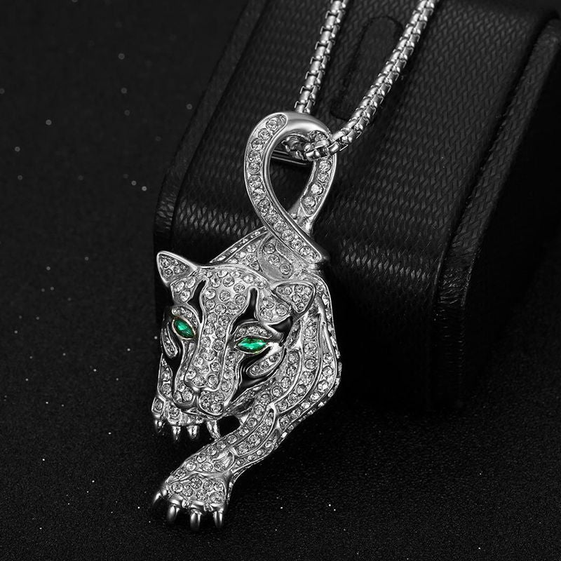 Planderful Leopard Head Pendant Necklace For Hip Hop Style Rhinestone Oil Drip Design Gold Plated Steel