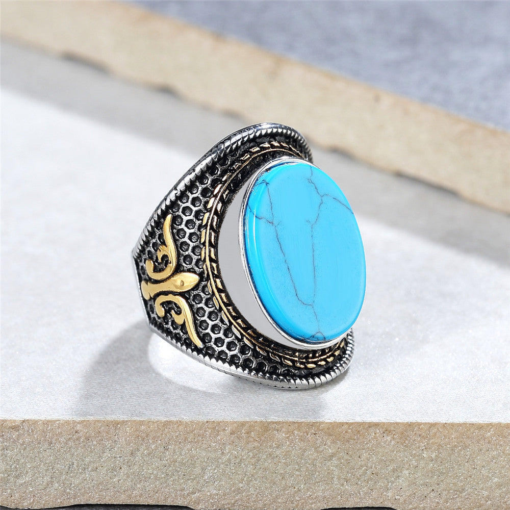 Planderful Everyday Genie Titanium Steel Ring Turquoise Black Stone For Men Unisex Punk Stage Protection Statement