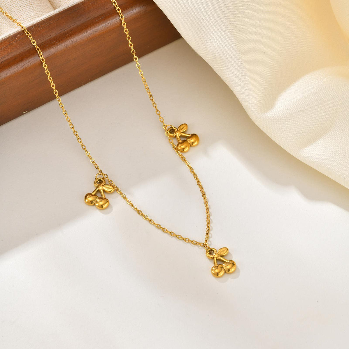 Girls Sweet & Delicate Clavicle Chain Stainless Steel Flat Cross Chain 3 Cherry Necklace