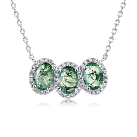 Planderful Jewelry Sterling Silver Moss Agate Necklace With Oval Green Pendant For Everyday Elegance