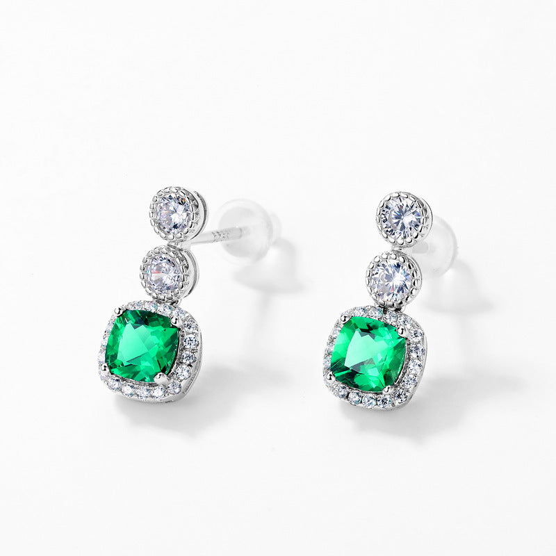 S925 Sterling Silver Lab-Grown Emerald Geometric Stud Earrings