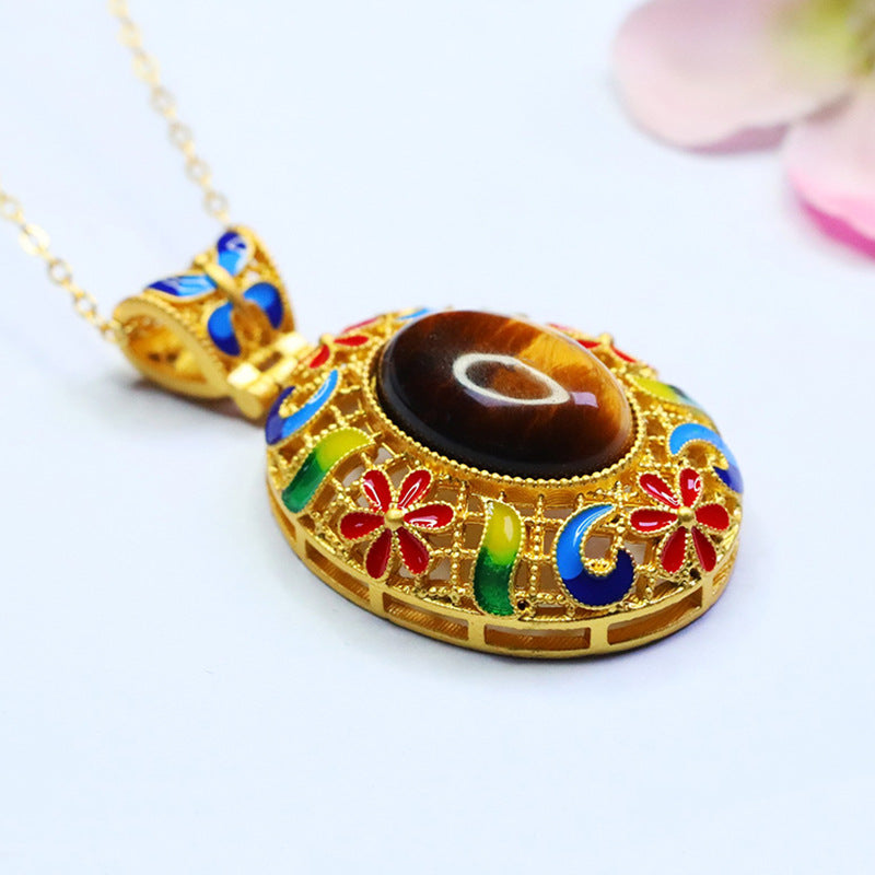 Yellow Tiger Eye Enamel Petal Pendant — No Chain