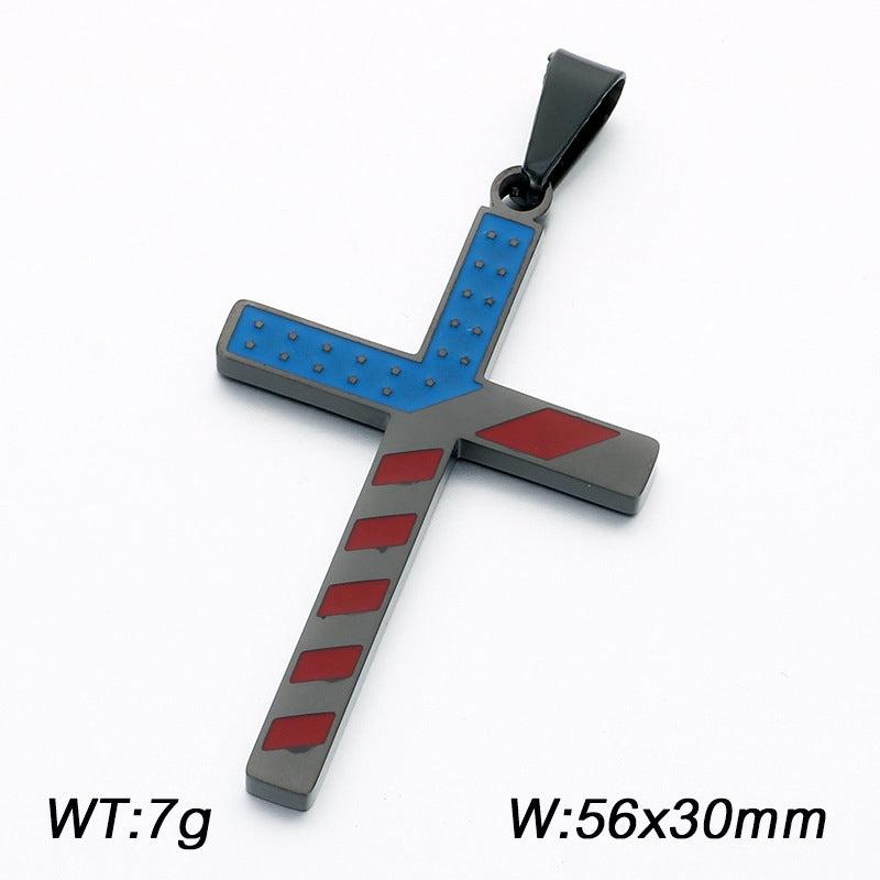 European, American Hip-Hop American Star-Spangled Banner Cross Dripping Oil Vacuum Plating Stainless Steel Necklace