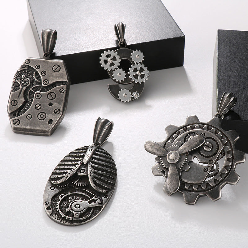 Age Of Steam Pendant, Punk Retro Stainless Steel Boiled Black Mechanical Gear Men's Necklace