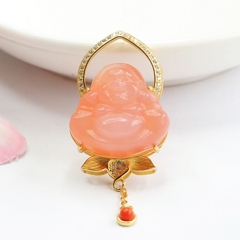 Sterling Silver Buddha Pendant with Agate Gemstone and Zircon Tassel Necklace