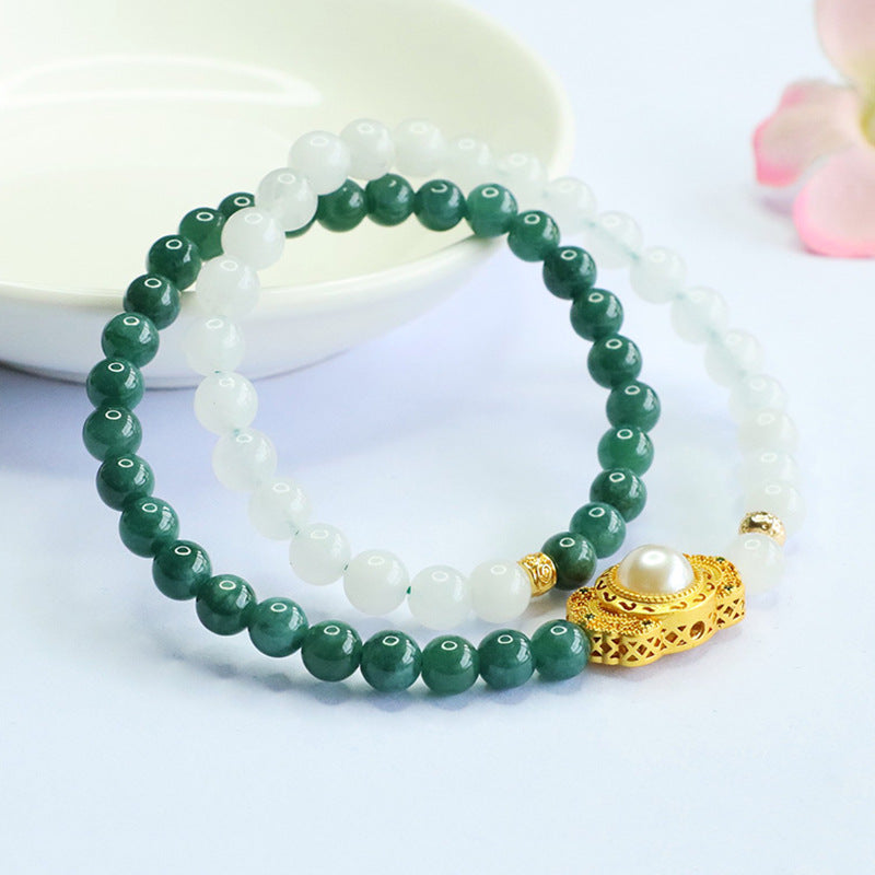 Blue Water Jadeite Golden Silk Jade & Double-Wrap Beaded Bracelet