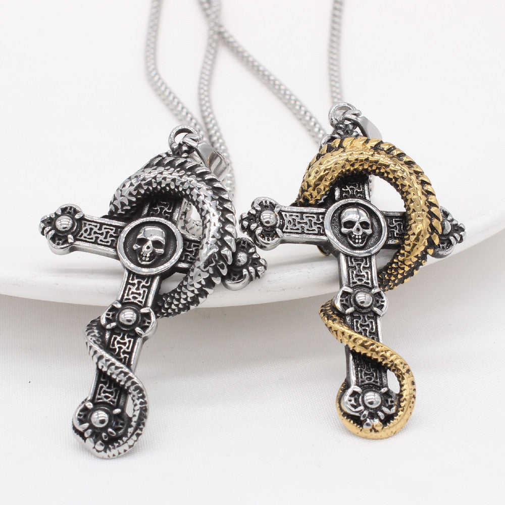 Customizable Retro Dragon Skull Cross Pendant for Men in Titanium Steel - European & American Style