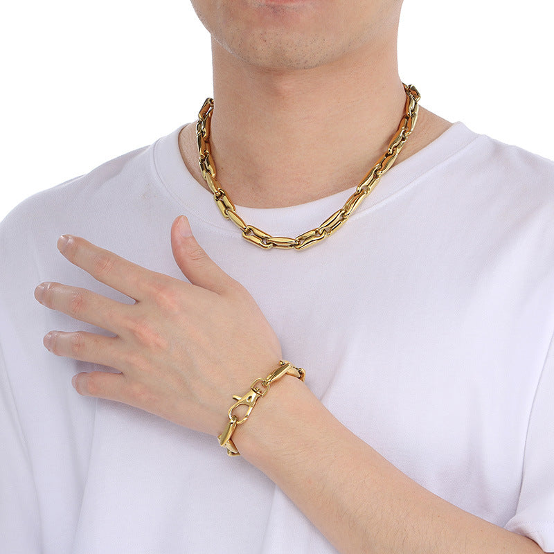 Hip Hop Jewelry Set Titanium Steel Necklace Bracelet Mens